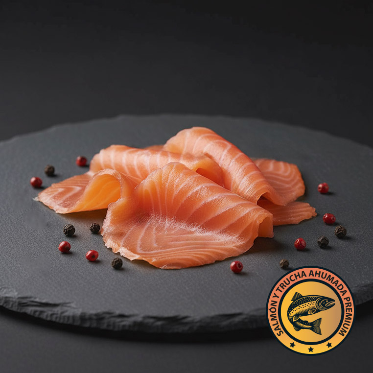 Salmón ahumado en frío, presentación natural sobre pizarra negra