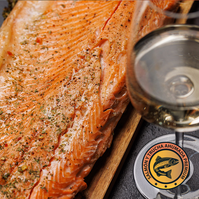 Filete de salmón ahumado artesanal con especias junto a una copa de vino blanco